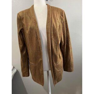 Chicos Faux Suade Gold Metal Stitching Open Jacket Size 2